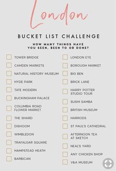 the london bucket list is shown in pink and gold