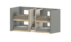 two bunk beds are shown with the top open and bottom closed, in front of each other