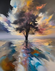 an abstract painting of a tree in the middle of water with colorful clouds above it