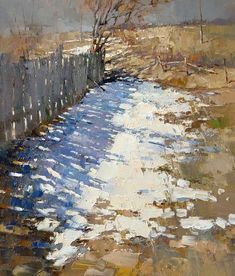 an impressionist painting of a river running through a fenced in area with snow on the ground