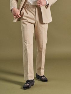 Composition : 100% cottonCountry of Origin : Republic of Korea Cream Trousers With Pressed Crease, Beige Bottoms With Pressed Crease And Straight Hem, Cream Straight Leg Pants With Welt Pockets, Formal Cream Pants With Straight Hem, Beige Chinos For Work With Straight Hem, Cream Straight Pants With Welt Pockets, Tailored Beige Dress Pants With Pockets, Fitted Beige Bottoms With Straight Hem, Beige Straight Dress Pants With Pressed Crease