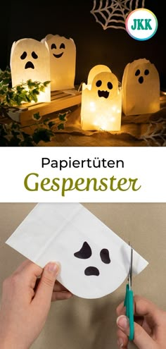 someone is cutting out paper with ghost faces on it and the words, papiertuten gespenster