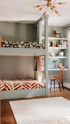 a bedroom with two bunk beds and a rug in front of the bed is an area rug that has been placed on the floor