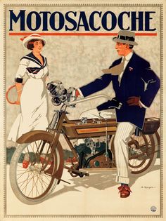 a man riding on the back of a motorcycle next to a woman in a white dress