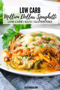 low carb million dollar spaghetti casserole on a white plate with parsley