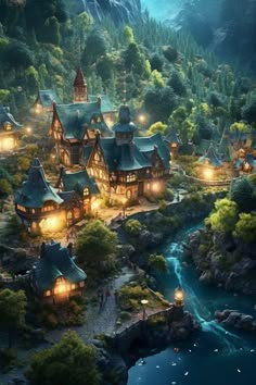 an image of a fantasy village at night