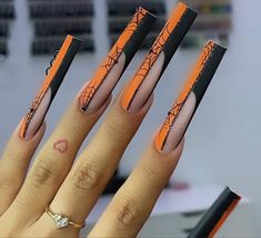 Simple Long Halloween Nails, Halloween Nails Long Coffin, Extra Halloween Nails, Halloween Long Acrylic Nails, Fall Spooky Nails, Cute Halloween Acrylic Nails, Baddie Fall Nails, Basic Halloween Nails, Halloween Nails Scary