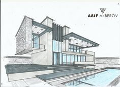 a drawing of a house with a swimming pool in the foreground and an asif akerov logo above it