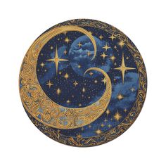 a blue and gold moon with stars in the sky