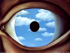 an eye looking up into the sky with clouds and a black ball in it's center