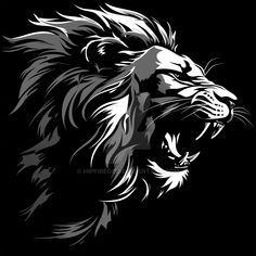 a black and white lion's head with it's mouth open in the dark