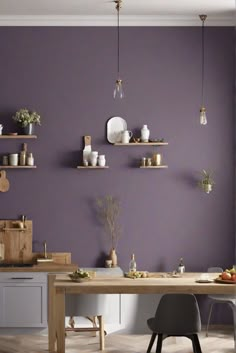 kitchen interior design, kitchen color scheme, kitchen decor ideas, modern kitchen design Purple Wall Bedroom Ideas Decor, Subtle Purple Paint Colors, Purple Walls Kitchen, Violet Bathroom Ideas, Lilac Wall Paint Bedrooms, Lavender Office Decor, Lavender Kitchen Walls, Purple Painted Walls, Paint Color For Kitchen Walls