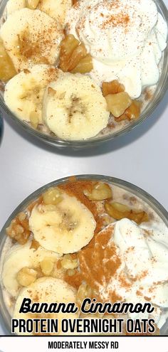 two bowls filled with bananas, cinnamon and yogurt on top of each other