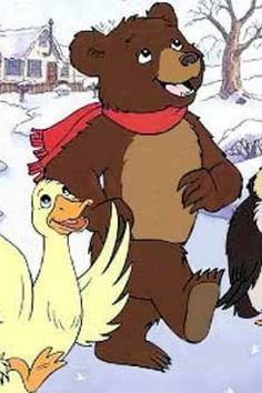 there is a bear and two birds standing in the snow with one bird on its back