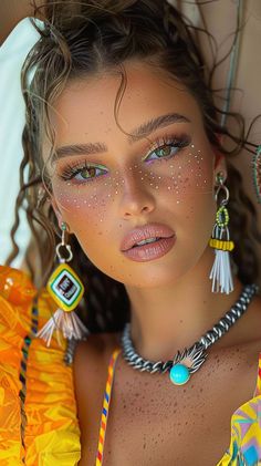 Festival Hair And Makeup Ideas, Festival Makeup Colorful, Burning Man Makeup Ideas, Festival Fashion 2024, Boho Makeup Ideas, Maquillage Festival Coachella, Hippie Makeup Looks Boho Style, Make Up Coachella