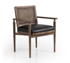 a wooden chair with black leather upholstered seat and armrests on an isolated white background