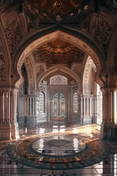 the inside of an ornate building with marble floors and arches on either side of it