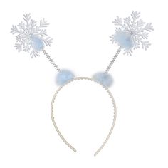 a headband with snowflakes on it and two blue pom poms