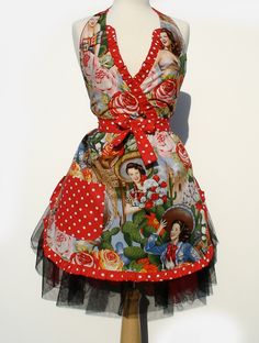 a red and white dress with pictures on it