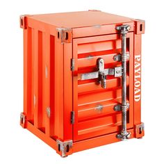 an orange shipping container with metal handles and latches