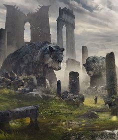 an image of a man standing in the middle of a field with animals and ruins