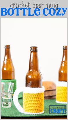 crochet beer mug cozy pattern is shown with three bottles and two shot glasses