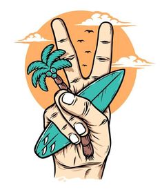 a hand holding a surfboard with a palm tree sticking out of it's middle