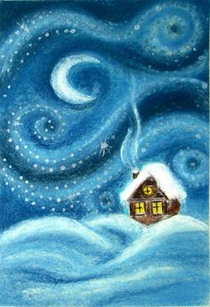 a drawing of a house in the snow with stars and swirls coming out of it