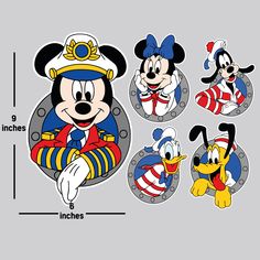 mickey mouse and other cartoon characters are depicted in this graphic file, which includes the size of each character