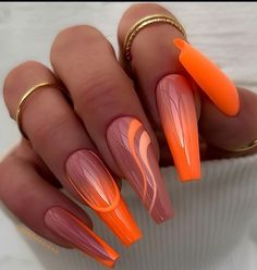 Long Nail Designs Orange, Orange Theme Nails, Orange Funky Nails, Orange Coffin Nails, Mexico Vacation Nails, Orange Summer Nails 2024, Unghie Sfumate, Subtle Nails, Nails Now