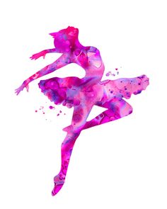 a watercolor painting of a ballerina dancer in pink and purple colors on a white background