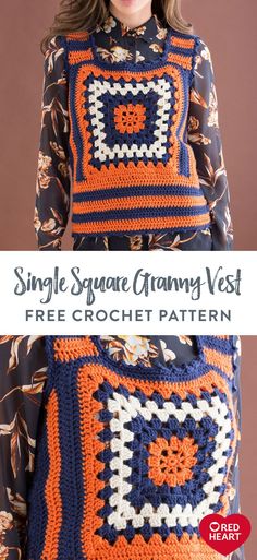 a woman wearing a crochet granny vest with the text, simple square granny vest free crochet pattern