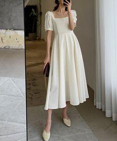 Square Neck Short Sleeve High Waist Flare Dress Vivian Seven Black Tea Length Dress Classy, Mid Length Dresses Classy Formal, White Graduation Dress Midi, Minimalist Fashion Women Summer, Classy Korean Outfits, White Midi Dress Classy, Midi Dress Short Sleeve, Summer Dress Black, White Frock