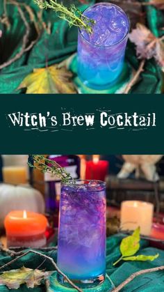 a blue and purple drink with the words witch's brew cocktail