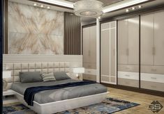 a bedroom with a bed, dresser and closets in it's center area