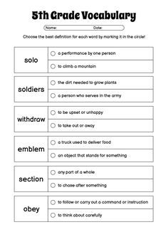 the 5th grade vocabulary worksheet is shown in black and white, with an image of