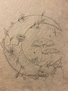 a drawing of mushrooms and flowers in a circle