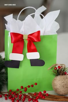 a green bag with santa's boot on it