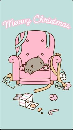 a pink chair with a rat sitting on it's back and the words merry christmas written