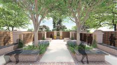 an artist's rendering of a garden with benches and trees in the middle, surrounded by brick walls