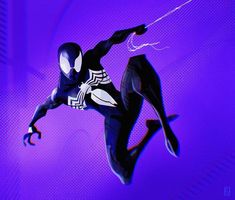 a spider - man flying through the air in front of purple background