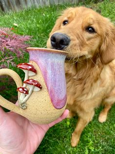 a dog is holding a coffee cup in its mouth