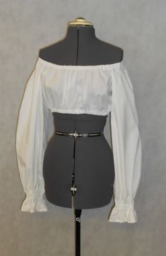 "Made to Order On or off shoulder. This long sleeve women's crop shirt is perfect for Pirate wenches - renaissance summer garb - belly dancers - dagorhir battles and also can be a nice addition to your summer boho wardrobe. Made from a 100% cotton fabric- or a cotton blend (colors are a cotton blend). It is a cool long sleeve crop shirt for summer. It has elastic at the neck, sleeve and around the bottom. Much thicker and nicer fabric than you will find at most Renaissance Fair Vendors. *White a