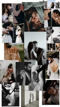 a collage of wedding photos with the bride and groom in black and white colors