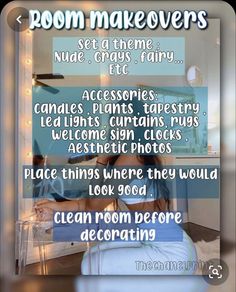 a poster with the words room makeovers on it and an image of a woman laying in bed