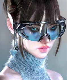 a woman wearing futuristic goggles with blue eyes