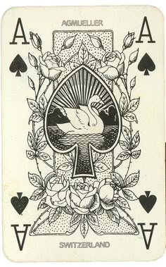 a playing card with an image of a dove in the center and flowers around it