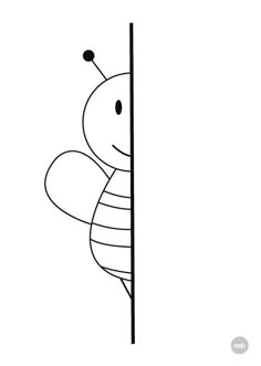 a black and white drawing of a bee peeking out from behind a pole with its head on it's side