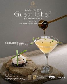 an advertisement for a restaurant called save the day guest chef, featuring a martini with whipped cream and garnish