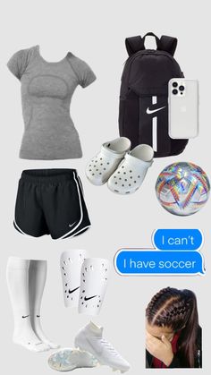 the contents of a woman's athletic outfit including shoes, backpack and cell phone